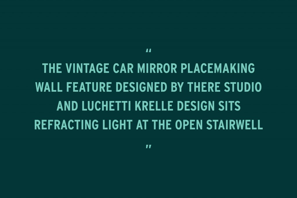BLOG POST – Ovolo South Yarra featured in Inside Magazine – Quote "The vintage car mirror placemaking wall feature designed by THERE Studio and LK sits refracting light at the open stairwell "