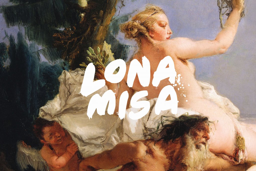 Lona Misa Restaurant Identity For Ovolo Hotels, South Yarra – Lona Misa Logo in white on close crop of Renaissance painting with woman, man and cupid